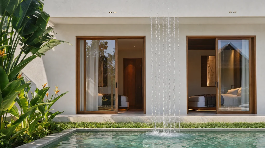 Villa Banyan pool with the rain curtain wall beside it