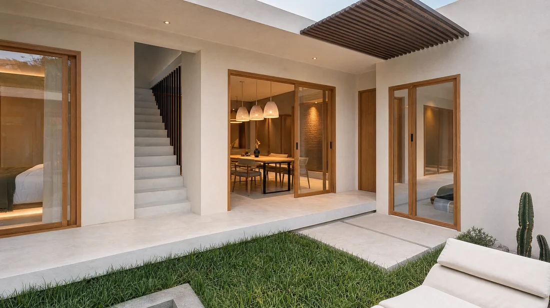 Villa Tamarind courtyard looking through glass to the stairs