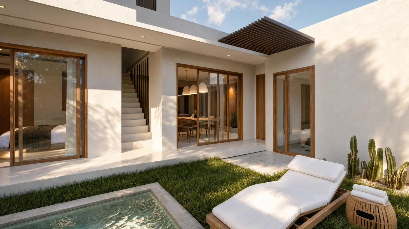 The pool courtyard by day