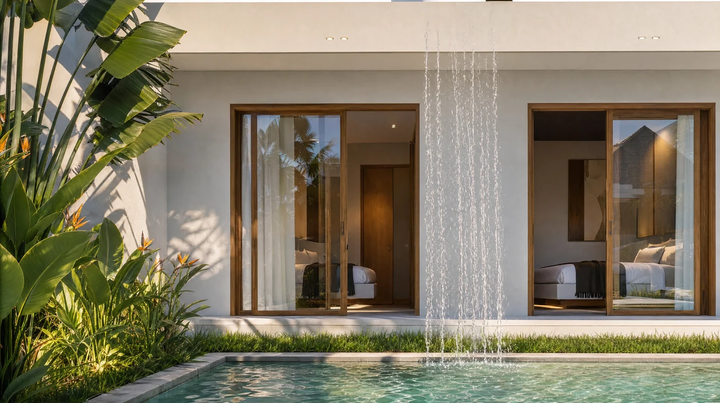 The pool courtyard with the rain curtain wall and the glass doors behind it
