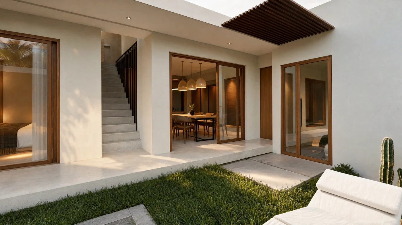 The rooms seen through the glass doors from the courtyard