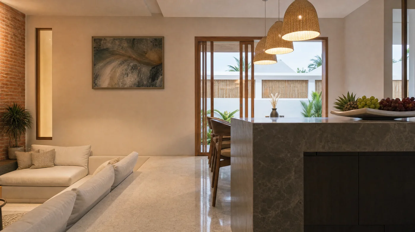 The kitchen with dark cupboards and a stone island