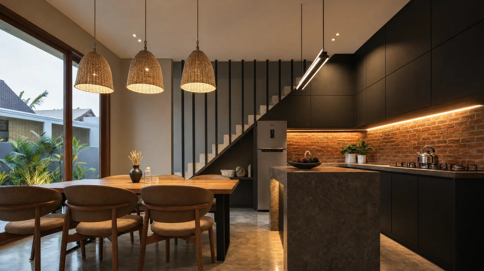 The kitchen and dining room under rattan lights