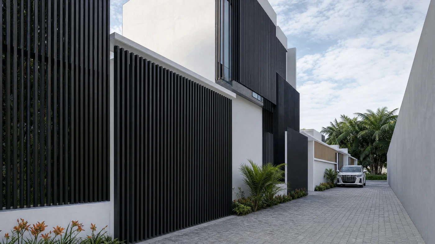 White walls and dark timber battens along the private lane