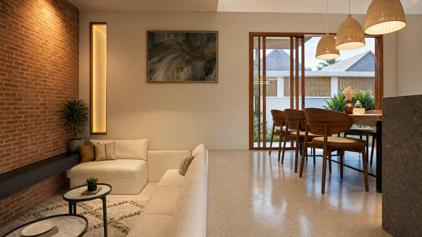 The living room looking through to the dining table