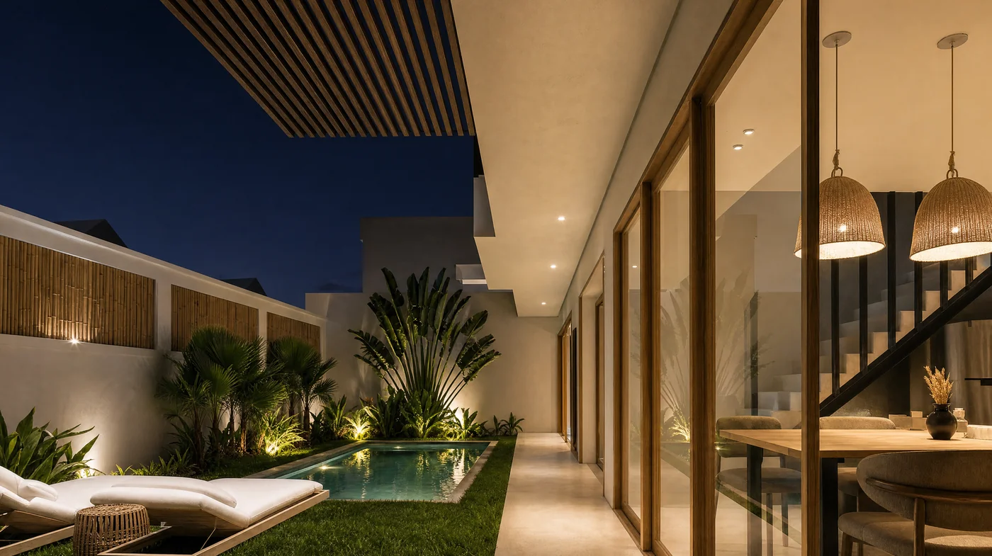 The house at night lit from inside