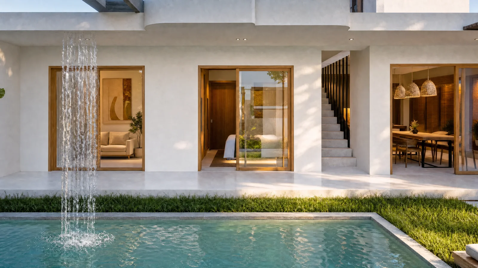 The pool with the rain curtain falling beside it