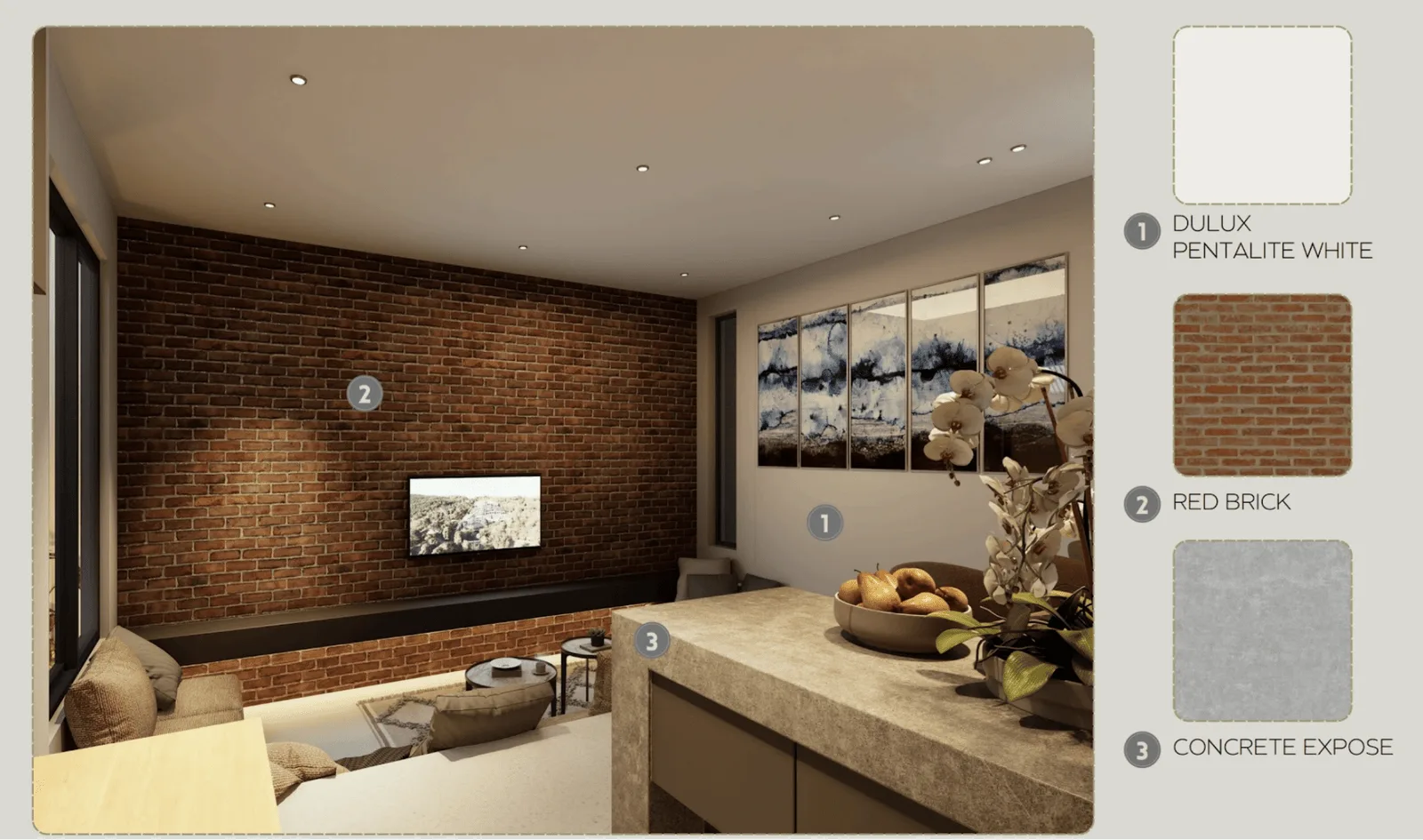 The living room with a red brick feature wall, exposed concrete island and white walls, with the three materials shown beside it