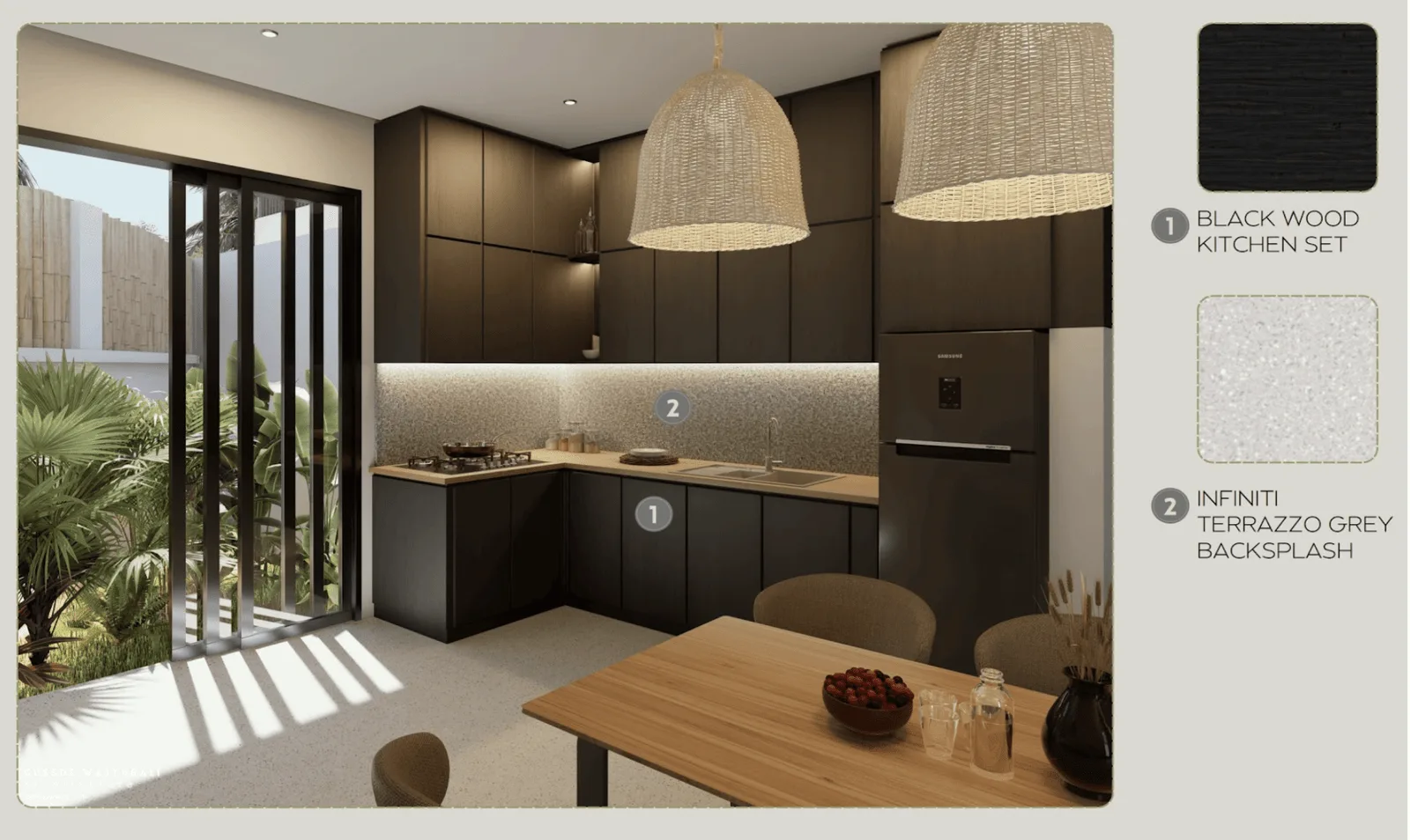 The kitchen with a black wood kitchen set and a grey terrazzo backsplash, with the two materials shown beside it