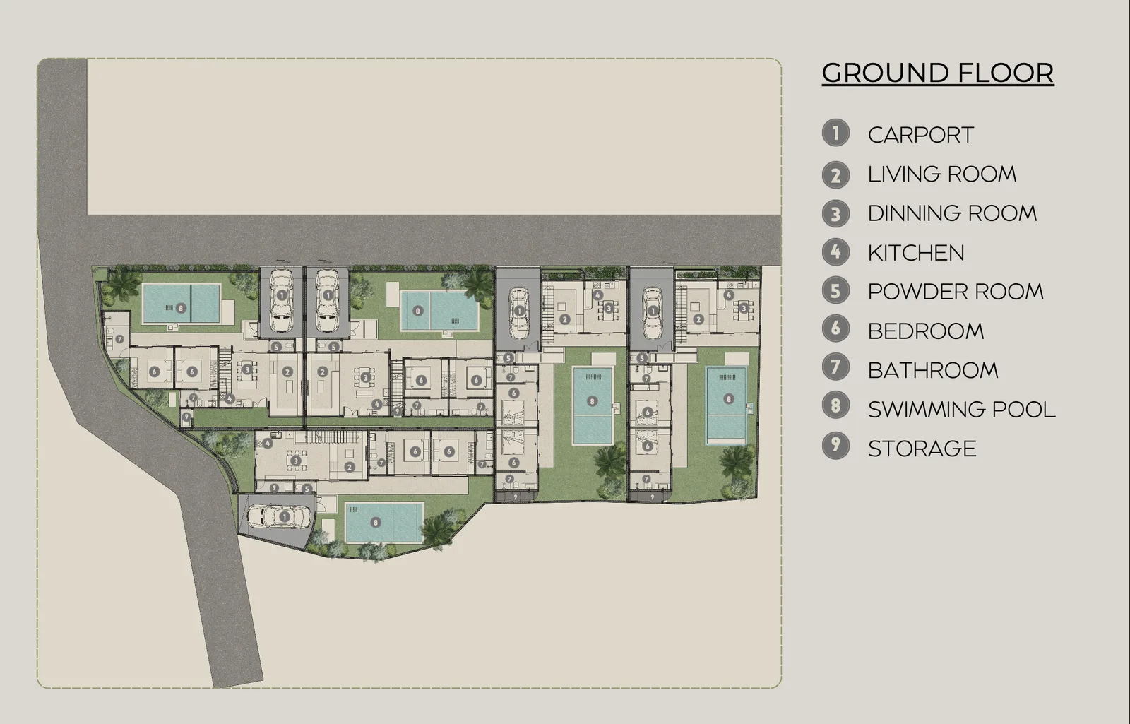Ground floor plan of all five villas. Carport, living room, dining room, kitchen, powder room, bedroom, bathroom, swimming pool and storage are numbered.