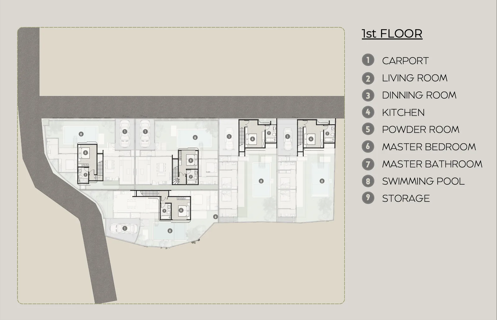First floor plan of all five villas. Bedrooms, bathrooms and balconies are numbered.